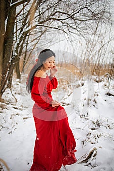 Beautiful asian woman in long red dress near the reeds over winter background. Fairy tale girl on winter landscape.