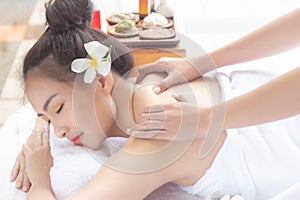 Beautiful Asian Woman Lying Massage Treatment With Happy Mood On Vacation Day.Wellness Body Care And Spa Aromatherapy Concept