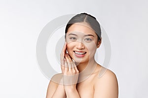 Beautiful asian woman makeup of cosmetic, girl hand touch cheek and smile, face of beauty perfect with wellness isolated