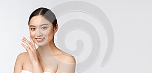 Beautiful asian woman makeup of cosmetic, girl hand touch cheek and smile, face of beauty perfect with wellness isolated