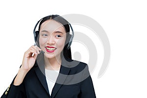 Beautiful asian woman smiling customer service talking on headset.