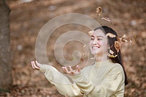 Beautiful Asian woman Smiling happy girl and wearing warm clothe