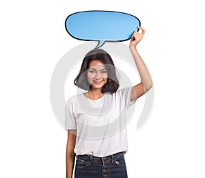 Beautiful asian woman with speak bubble on white background