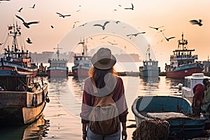 Beautiful asian woman traveler with hat looking to seagulls and fishing boats in the sea, Female tourist standing in front of the