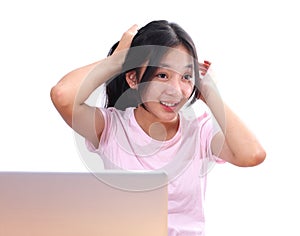 Beautiful asian woman using laptop computer on white background