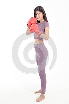 Beautiful Asian woman Wearing purple workout clothes