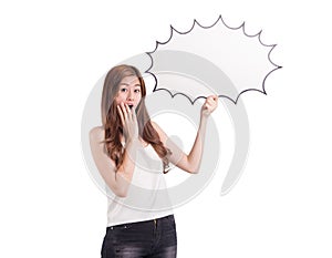 Beautiful asian women with speak bubble on white background