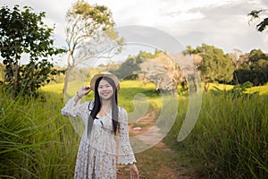 Beautiful Asian women wearing casual clothes and hats.