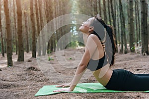 Beautiful Asian young woman doing yoga and planking on green mat in forest. Exercise and meditation concept. Peaceful and