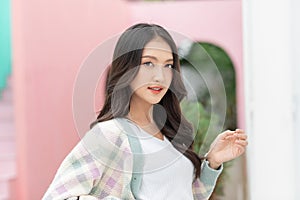 Beautiful asian young woman smile and cheerful. Confident cute female looking at camera relax and happiness with wellness life.