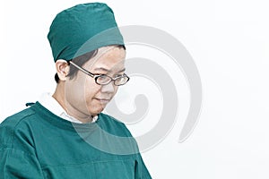 Beautiful assistant professor in green ,glasses.Copy space,