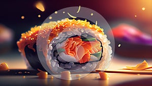 Beautiful assorted sushi rolls set, abstract creative composition, close-up. Generative AI illustration