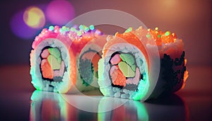 Beautiful assorted sushi rolls set, abstract creative composition, close-up. Generative AI illustration