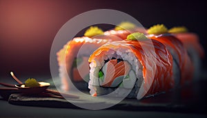 Beautiful assorted sushi rolls set, abstract creative composition, close-up. Generative AI illustration