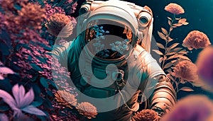 A beautiful astronaut making his way through a thicket of flowers on another planet. Generative AI