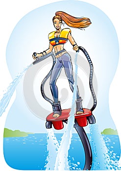 Beautiful athletic girl flying over the water on flyboard engaged in extreme sport rises to the water jet