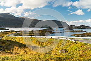 Beautiful Atlantic road to Fredvang village in Lofoten island, autumn season in Nordland, Norway, Scandinavia