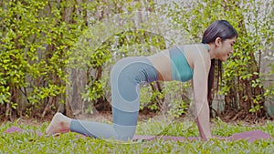 Beautiful Attractive Asian woman sitting on yoga mat practice Cat Cow pose with yoga meditation relax and refresh health on green