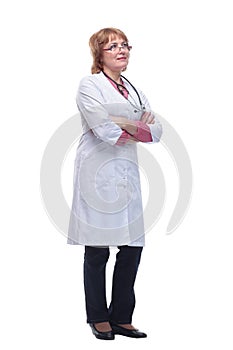 Beautiful attractive happy smiling female doctor physician nurse standing with arms crossed