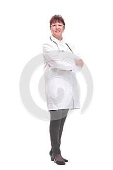 Beautiful attractive happy smiling female doctor physician nurse standing with arms crossed