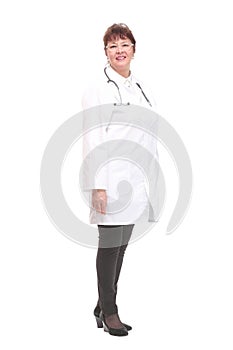 Beautiful attractive happy smiling female doctor physician nurse standing with arms crossed