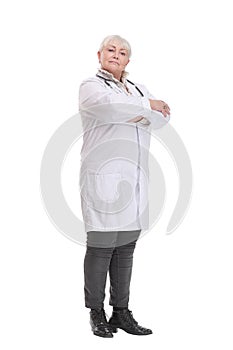 Beautiful attractive happy smiling female doctor physician nurse standing with arms crossed