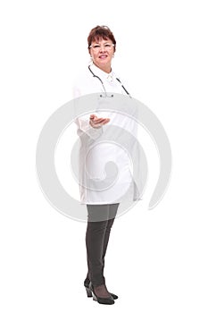 Beautiful attractive happy smiling female doctor physician nurse standing with arms crossed