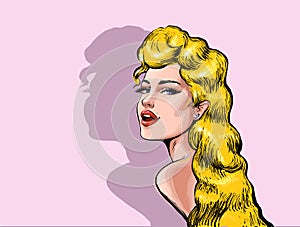 Beautiful attractive Sexy blond woman with open mouth and long hair looking back vector high quality illustration