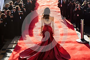 Beautiful attractive woman walking the red carpet in a gorgeous red dress at the Cannes Film Festival