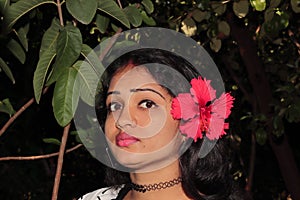 Beautiful attractive young Indian Hindu woman model with red hibiscus flowers in hair tightened in the garden