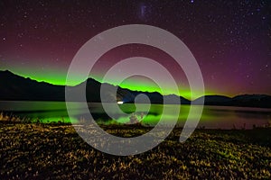 Beautiful Aurora Australis and milky way over Lake Wakatipu, Kinloch, New Zealand South Island