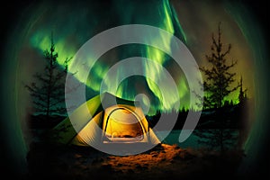 Beautiful aurora borealis in the night sky over camping tent