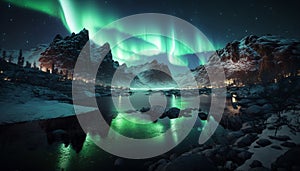 Beautiful Aurora Borealis Northern Lights in Iceland Mountains Landscape Illustration