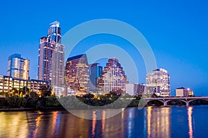 Beautiful Austin skyline reflection at twilight