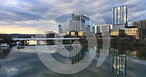 Beautiful Austin Texas lake tour boat city buildings 4K 1978