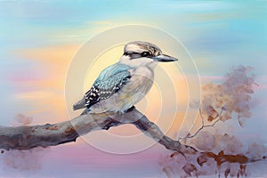 Beautiful Australian Kookaburra bird on a branch with a pastel sunset