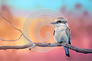 Beautiful Australian Kookaburra bird on a branch with a pastel sunset