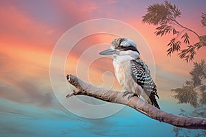 Beautiful Australian Kookaburra bird on a branch with a pastel sunset