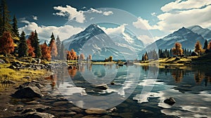 Beautiful autumn alpine landscape with lake, mountains and forest