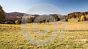 Beautiful autumn Beskid Zywiecki mountains near Przegibek in Poland