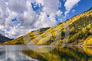 Beautiful Autumn Color in the Colorado Rocky Mountains. Reflections on Crystal Lake near Ouray, Colorado photo