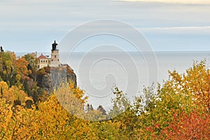 Split Rock Lighthouse stands tall on the Shores of Lake Superior in the vibrant colors of Fall.