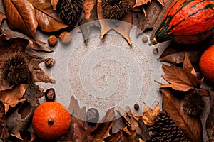 Beautiful autumn composition. Fall dried brown leafs, pumpkins, nuts, pine cones