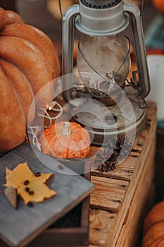 Beautiful autumn composition with pumpkin, maple leaves, cones and old lamp