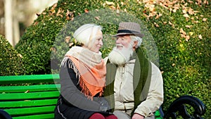 In a beautiful autumn day amazing romantic old couple have a promenade in the park they discussing together while take a