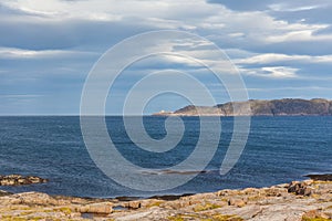 Beautiful autumn day landscape abandoned artnature coastal defense North Teriberka, Barents sea view