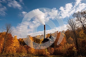 beautiful autumn day, with view of the forest, and chimney smoke drifting into the sky