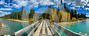 Beautiful Autumn fall foliage, and bow river rare panoramic view in Banff national park Canada