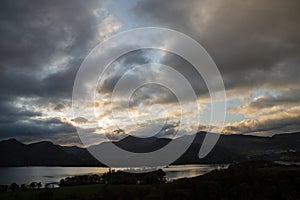 Majestic Autumn Fall landscape image of view from Castlehead in Lake District over Derwentwater towards Catbells and Grisedale photo