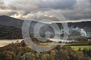 Majestic Autumn Fall landscape image of view from Castlehead in Lake District over Derwentwater towards Catbells and Grisedale photo